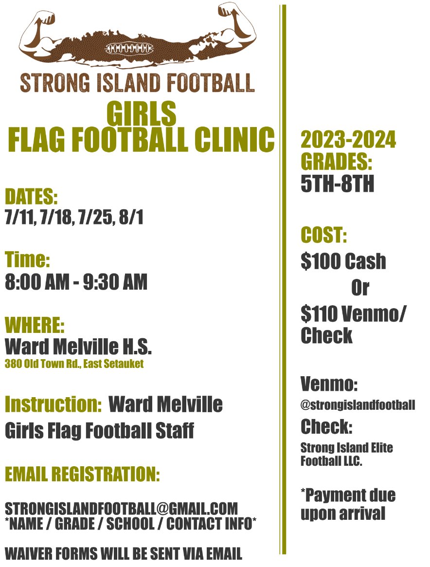 Patriots Football (@wardmelvillefb) on Twitter photo ๐จ๐จDate/Time Change๐จ๐จ
<a href="/strongislandfb/">Strong Island Football</a> 1st Girls #FlagFootball clinic has changed its dates & times. Originally slated to begin this Wednesday, it will now go on in July. Please adjust your calendars & get your new registrations in. #WardMelville #StrongIsland ๐จ๐จDate/Time Change๐จ๐จ
<a href="/strongislandfb/">Strong Island Football</a> 1st Girls #FlagFootball clinic has changed its dates & times. Originally slated to begin this Wednesday, it will now go on in July. Please adjust your calendars & get your new registrations in. #WardMelville #StrongIsland