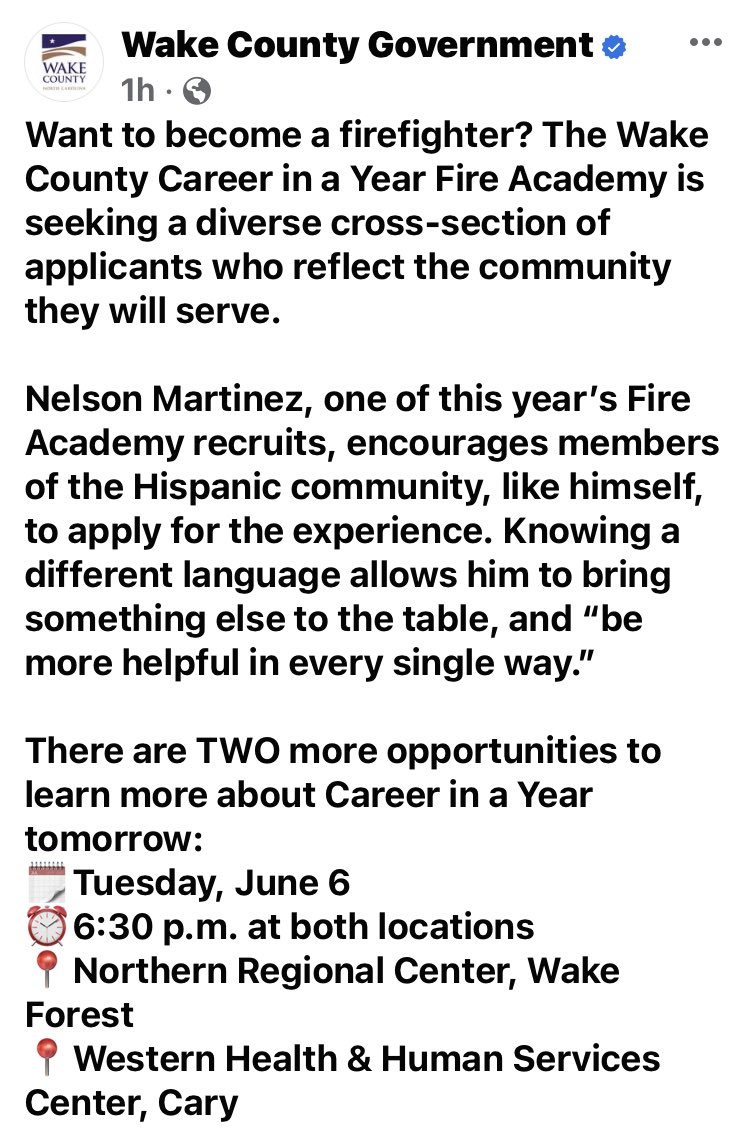 Get paid while you train! Must be a graduate and age 18 by June 16. Info session in WF Tuesday, June 6. wake.gov/firecareer