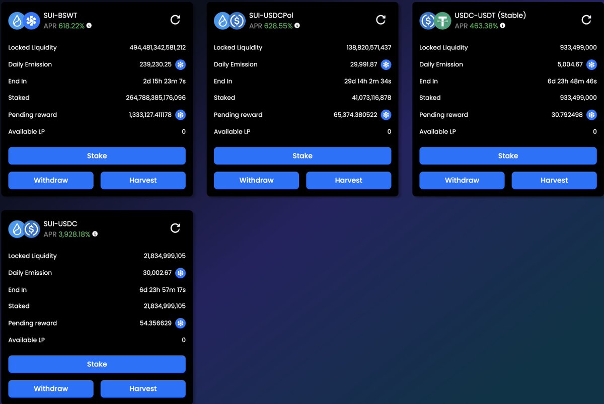 New farms added with crazy good APR! SUI price is low now, it's an excellent time to buy Sui and farm $BSWT!  

Stable pool USDC-USDT (farming with zero impermanent loss): 463% APR 

Pool Sui-USDC: 3928% APR. 

Holy moly!

#YieldFarming #bayswap #sui $bswt