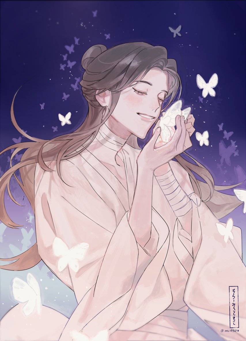butterfly bug closed eyes long hair bandages white butterfly male focus  illustration images