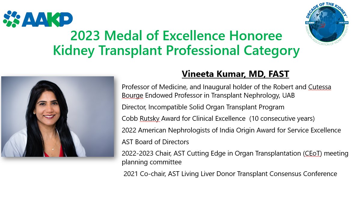 Congratulations to @VineetaKumar8 – the recipient of the AAKP 2023 Medal of Excellence Honoree Kidney Transplant Professional Category! #ATC2023SanDiego