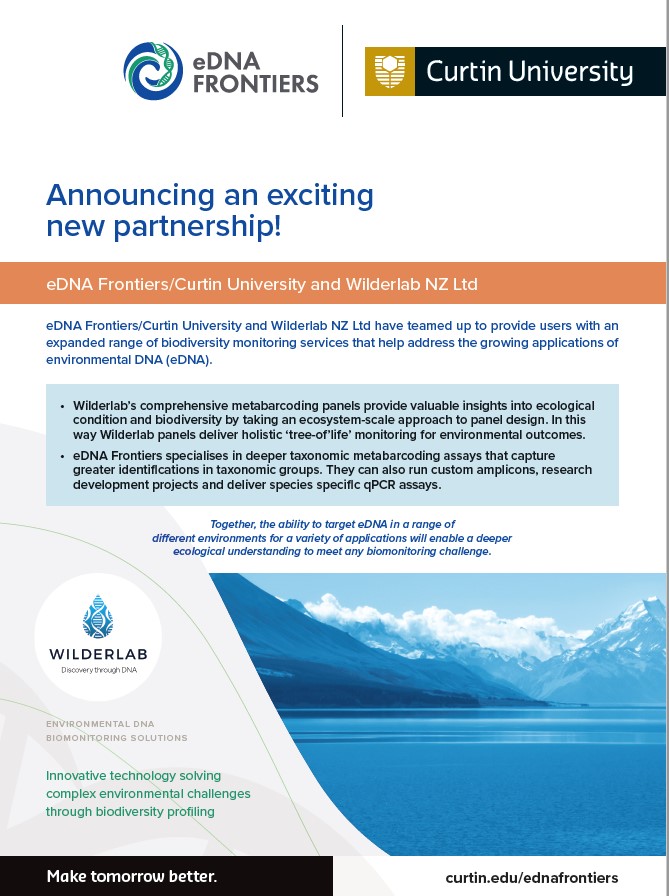 An exciting new partnership! @Wilderlab NZ and @eDNAFrontiers | Curtin University have teamed up to expand #eDNA #biomonitoring services. Now even more ways to ‘eDNA it’ #freshwater #marine #landscapes #everywhere 🧬🌏