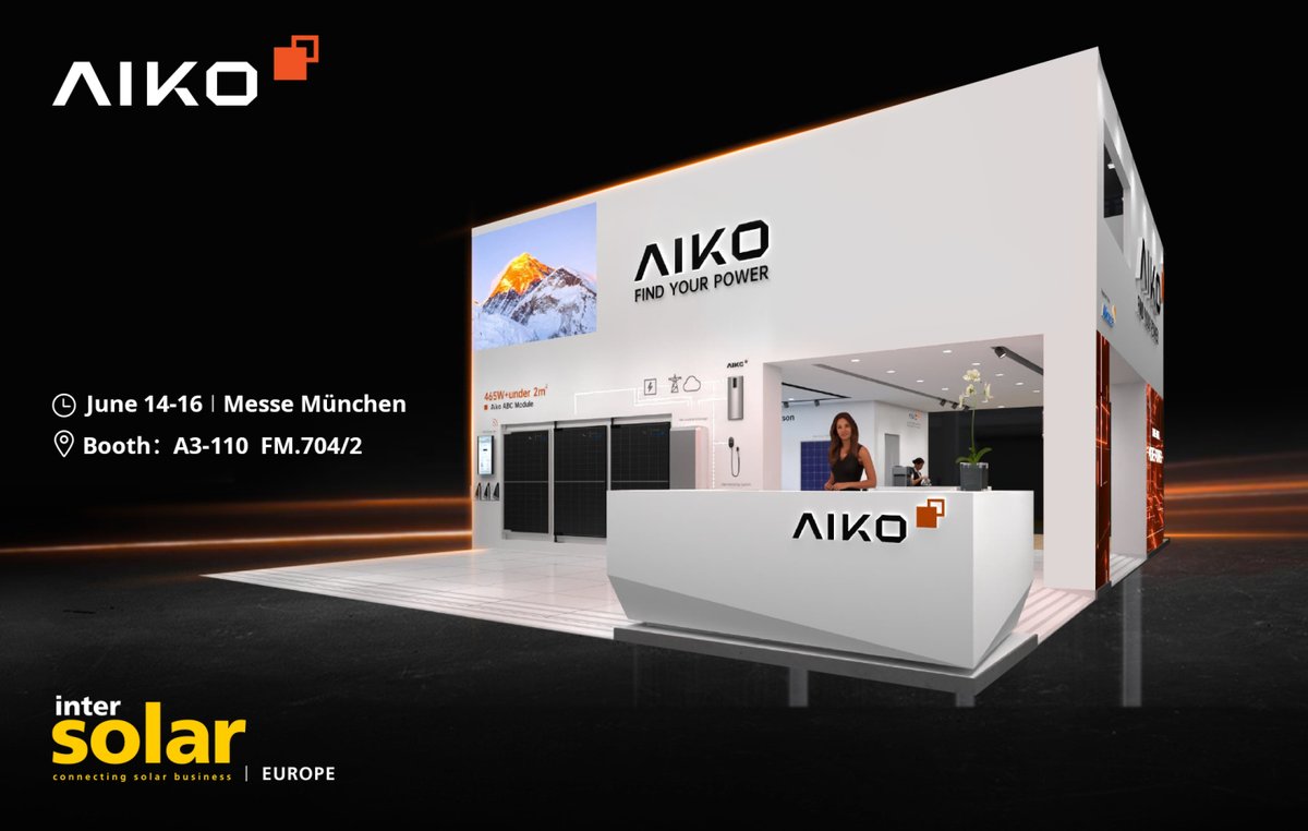 From June 14-16, #AIKO will be in Messe München for #IntersolarEurope2023. 

Visit us at booth A3-110 FM.704/2 to see our cutting-edge solar solutions and technologies ☀️ See you there!

#AIKO #FindYourPower #Intersolar2023