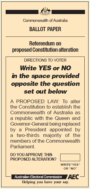 AntonyGreenElec's tweet image. This is what a referendum ballot paper roughly looks like. There is the question followed by a box where the voter can write YES to approve the change or NO to reject the change.