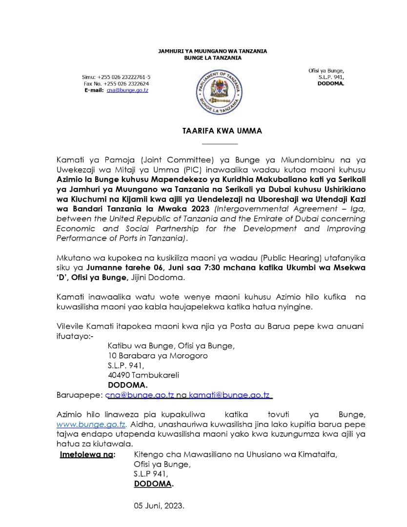 Bunge limejiandaa kupitisha Azimio la Serikali ya Dubai Kukabidhiwa Bandari yetu ya Dar es Salaam kwa Muda wa Miaka 100

USANII ni Kamati ya Miundombinu na uwekezaji wa Mitaji ya Umma kutoa Short notes Jana
Kuwataka watu wenye Maoni kufika Dodoma leo Mchana 

Wakijua haiwezekani