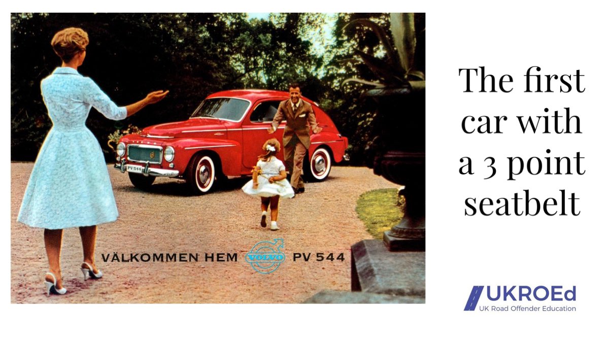 UKROEd's tweet image. The very first 3 point seatbelt was sold in a Volvo PV544 on August 13th 1959. 

Given attitudes at the time drivers and passengers were sceptical of the benefits and slow to start using them. 

📷 @volvocars