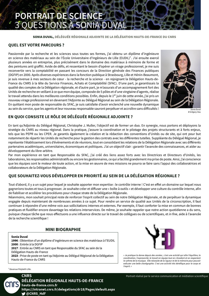 CNRS_HdF's tweet photo. #PortraitdeScience 👩🔬 | Rencontrez Sonia Duval, Adjointe au Délégué Régional @CNRS_HdF, dans ce nouveau Portrait de Science !
➡️ https://t.co/3dhRDoAALj
@CNRS @FemmesCNRS https://t.co/4GwdyjmHqT