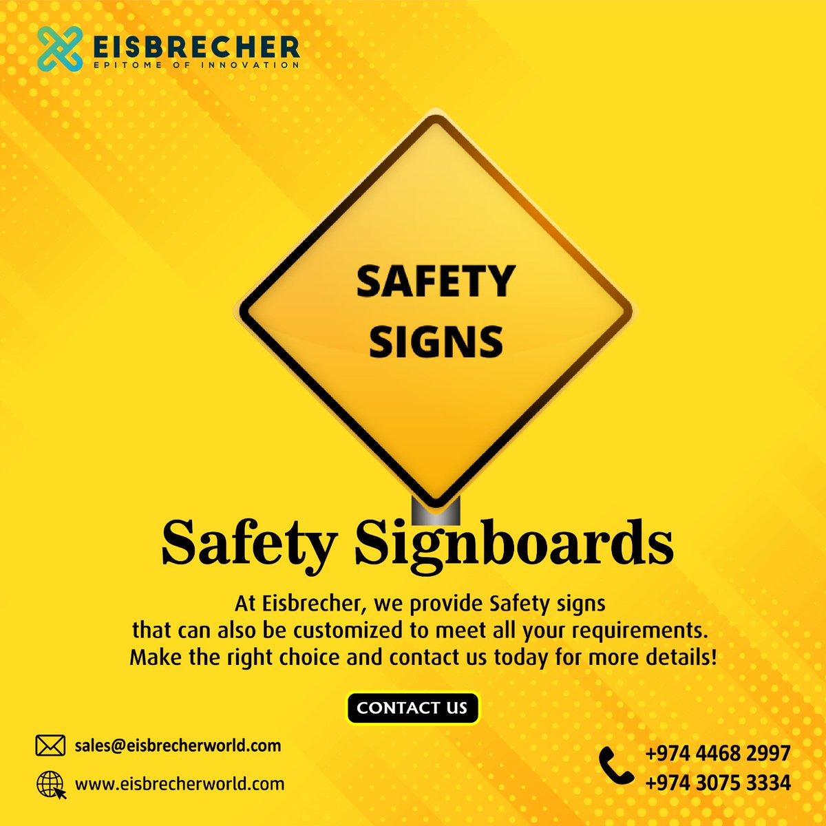 At Eisbrecher, we provide Safety signs that can also be customized to meet all your requirements. Make the right choice and contact us today!

Visit: bit.ly/3J6EEvN

#visualmerchandising #trafficsignboard #pylonsignboard #ledsignboard #internalsignboard #floormarkingsign