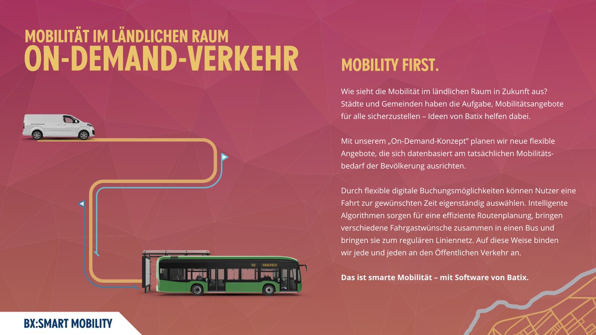 Wie sieht die Mobilität außerhalb der Städte in Zukunft aus? 🚌 Mit unserem „On-Demand-Konzept” planen wir neue flexible Angebote, die sich datenbasiert am tatsächlichen Mobilitätsbedarf der Bevölkerung ausrichten. 🚎 Software aus Saalfeld – digital, smart, nachhaltig. 💙 #bx