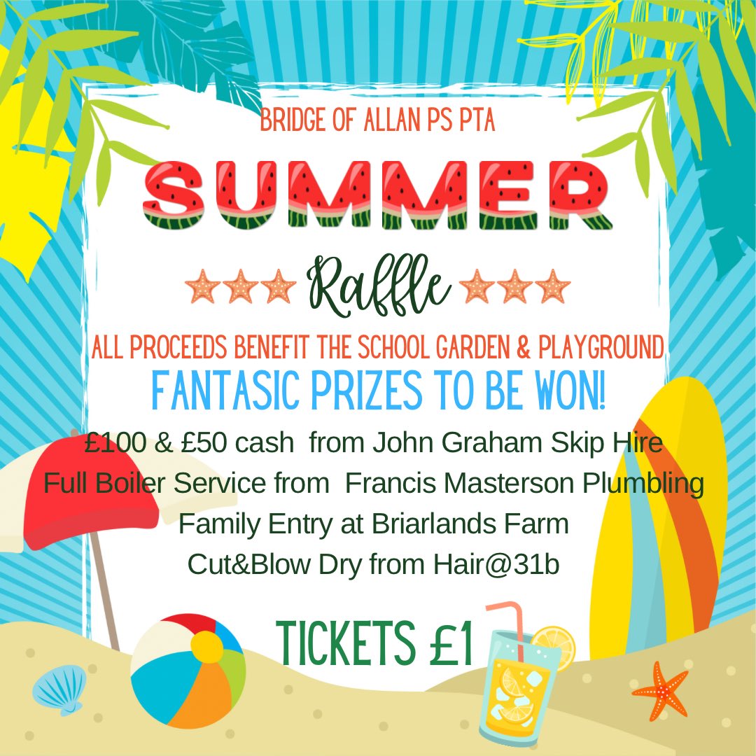 Summer Raffle tickets dropped in school bags yesterday. Thanks to all the local businesses donating prizes including John Graham Skip Hire, Francis Masterson Plumbing &amp; Heating, Briarlands and HAIR AT 31B.  Tickets £1. return ticket stubs&amp;payment to school. Draw 16th June.