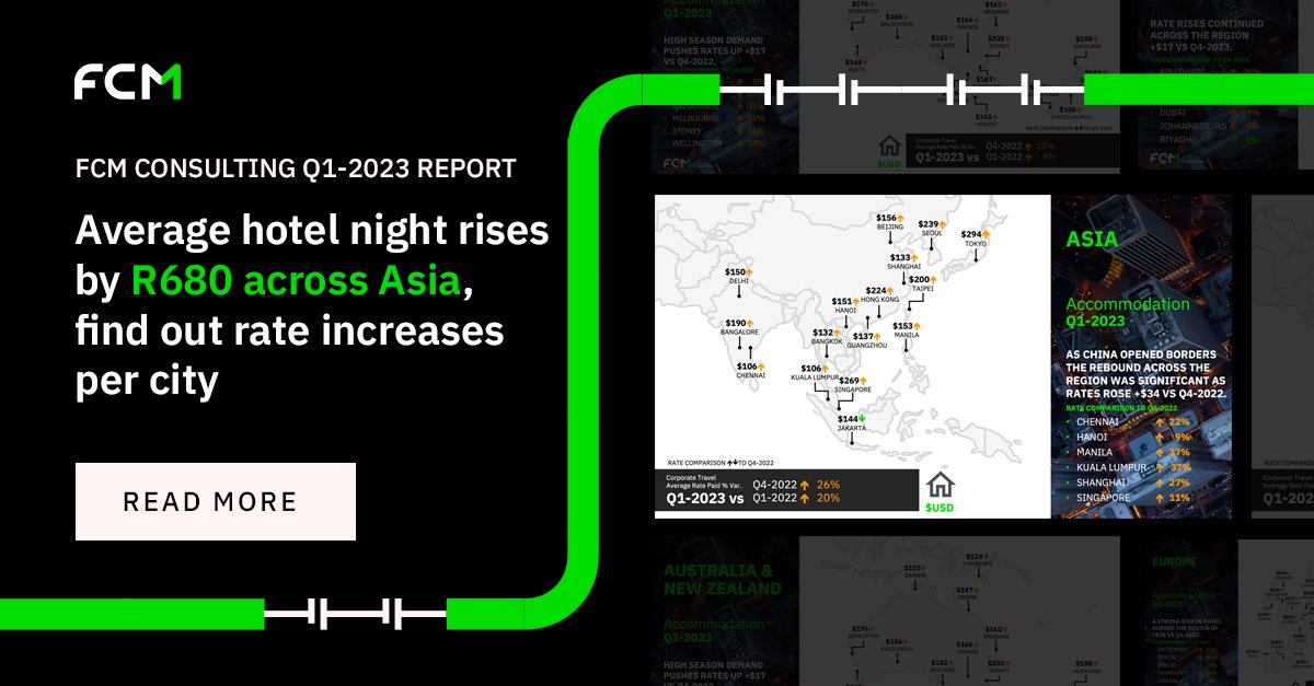 With the reopening of China and resumption of business travel from the world’s second largest economy, hotel rates are on the rise across Asia, with a 20% increase against last year. Download FCM Consulting’s full Q1-2023 Trends Report: okt.to/FA8E4d #TravelTrends