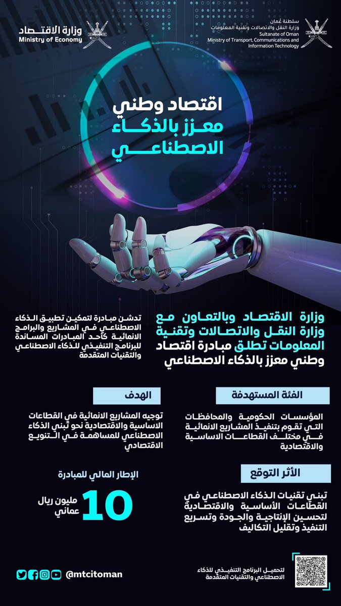 تتكامل المؤسسات الحكومية في مشاريعها استجابة للمتطلبات المستقبلية والتطور التقني.

مبادرة اقتصاد وطني معزز بالذكاء الاصطناعي ومشروع أشباه الموصلات والرقائق الإلكترونية هما نموذج لهذا النوع من التكامل.

نسعى أن يتواصل هذا التكامل ويتسع في مشاريع أكبر قادمة بمشيئة الله 🇴🇲