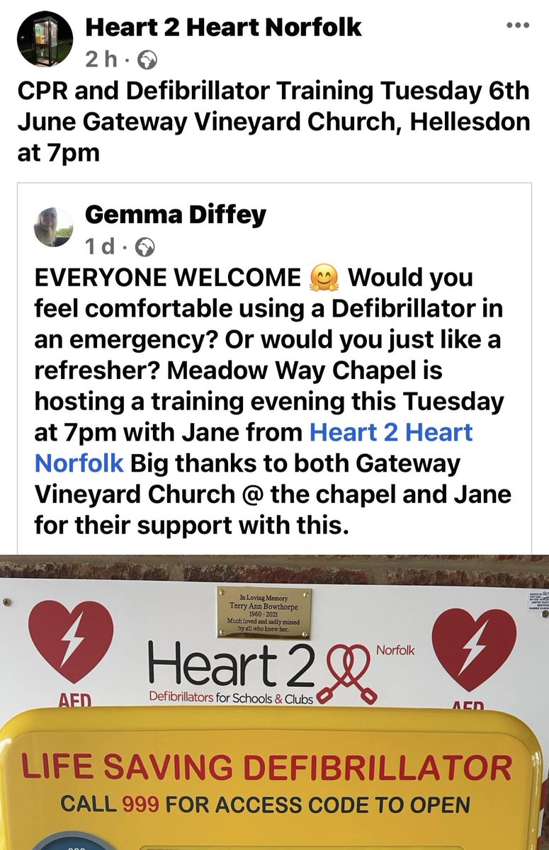 Jayne1412's tweet photo. CPR &amp; Defibrillator Community Training this evening.  Gateway Vineyard Church in Hellesdon at 7pm, all welcome! #cprtraining #session #hellesdon #norwich #Norfolk #heart2heartnorfolk #session #community #Church #allwelcome https://t.co/yxjINrCEiK