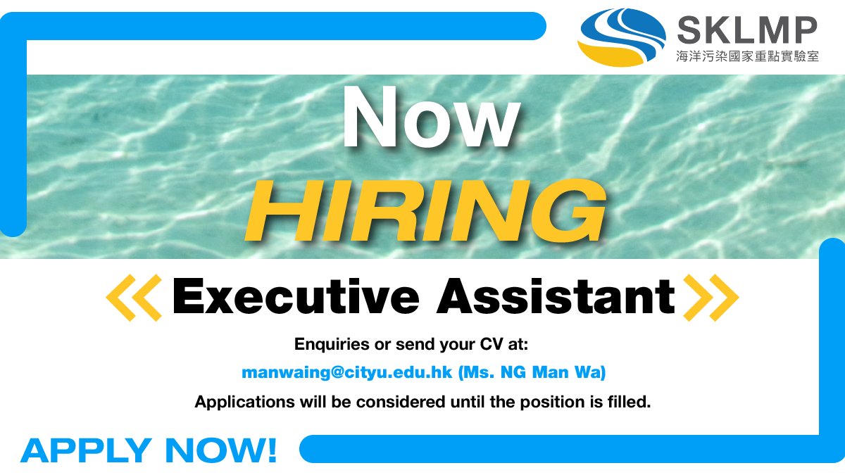 📢ATTENTION-Recruitment! We are now looking for a Executive Assistant to join SKLMP! Applicants should submit an up-to-date CV to Ms. NG Man Wai via email at manwaing@cityu.edu.hk. 📍See more info about Duties &amp; Requirements: rb.gy/wnvxh
<a href="/Kenny_MY_Leung/">Kenny Leung</a> #hiring