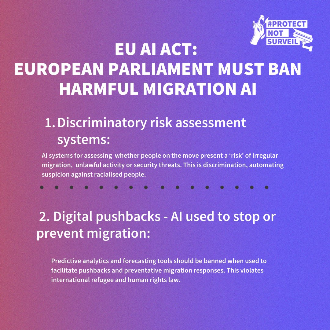 AsyLex_'s tweet photo. In 2 days, the @Europarl_EN will vote on the #AIAct.

We urge MEPs to #ProtectNotSurveil people on the move and ban AI systems that will inevitably violate human rights.

🚫 Automated risk assessments + profiling systems
🚫Predictive analytics designed to stop migration movements https://t.co/2VxWAi8Oxb