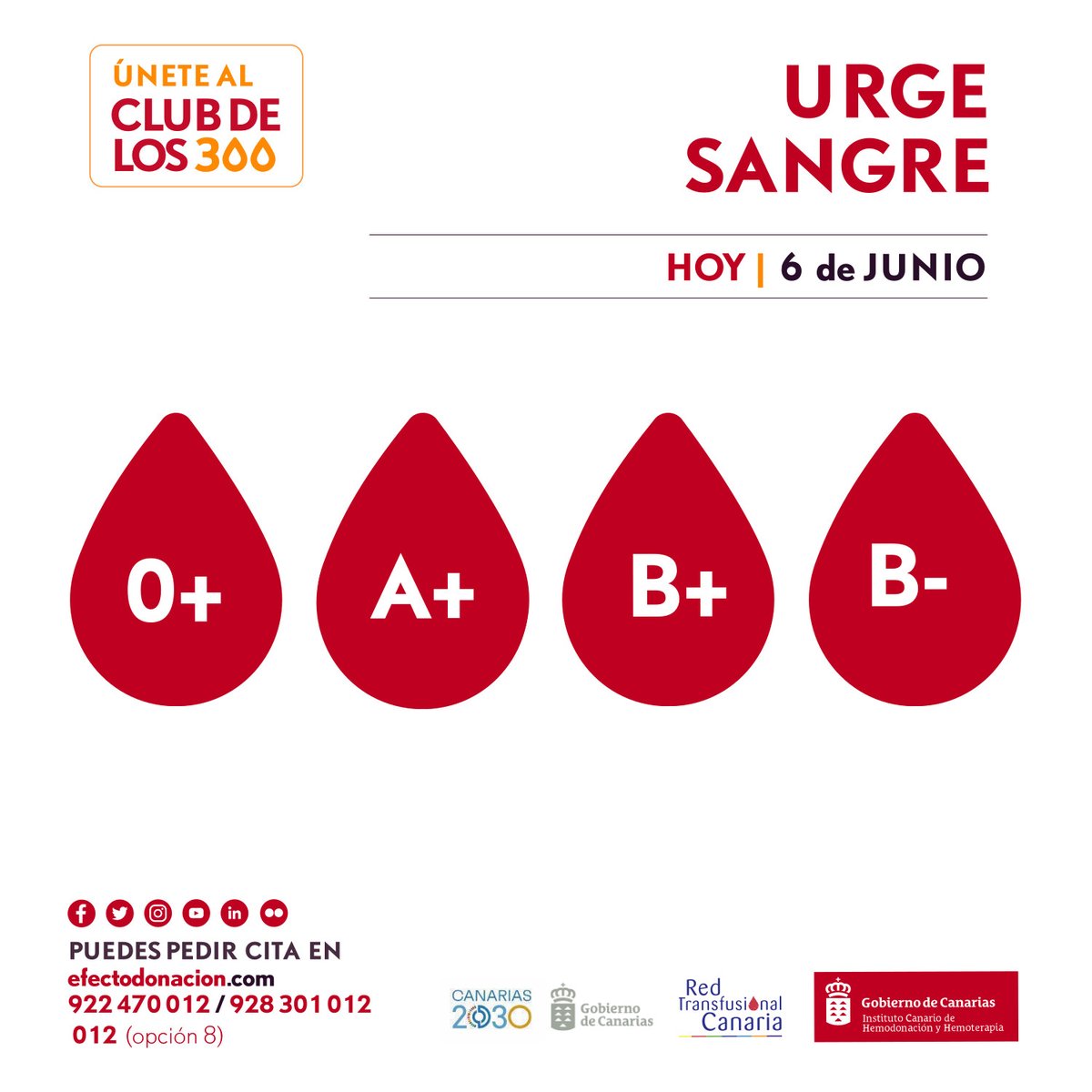 🔴🔴🔴 Atención #Canarias 🔴🔴🔴 Urge sangre de los grupos O+ A+ B+ y B-

‼️ Si puedes, #DonaSangre y ayúdanos a dar la máxima difusión a este llamamiento

📋 Comprueba si puedes donar sangre aquí: bit.ly/TestDonanteICHH

📍 bit.ly/PuntosExtracci…
🏥 bit.ly/PuntosFijosIchh