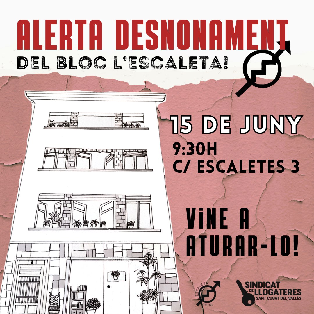 ⚠️ ALERTA DESNONAMENT! ⚠️ El Bloc l'Ecaleta està en perill, 8 joves podrien perdre la casa i projectes tan necessaris com la Xarxa de Recuperació d'Aliments o l'assessoria laboral de la CGT podrien quedar-se sense espai. Reserveu la data i estigueu atentes a convocatòries! ✊🏠