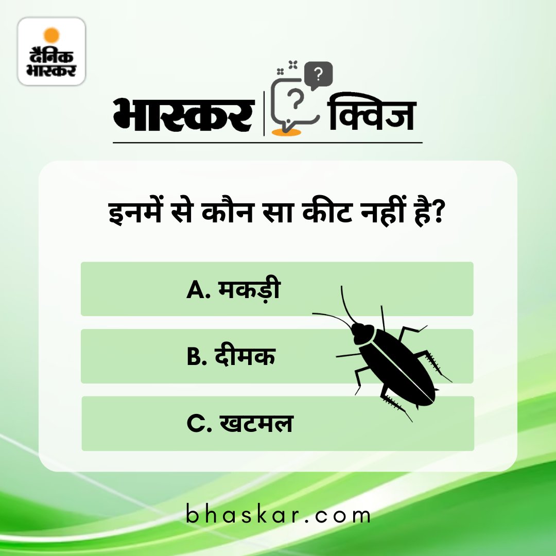 #WorldPestDay पर बताएं इस सवाल का जवाब, इनमें से कौन सा कीट नहीं है? 

अधिक खबरें और ई-पेपर पढ़ने के लिए दैनिक भास्कर ऐप इंस्टॉल करें - dainik-b.in/M4RPWQKPcjb