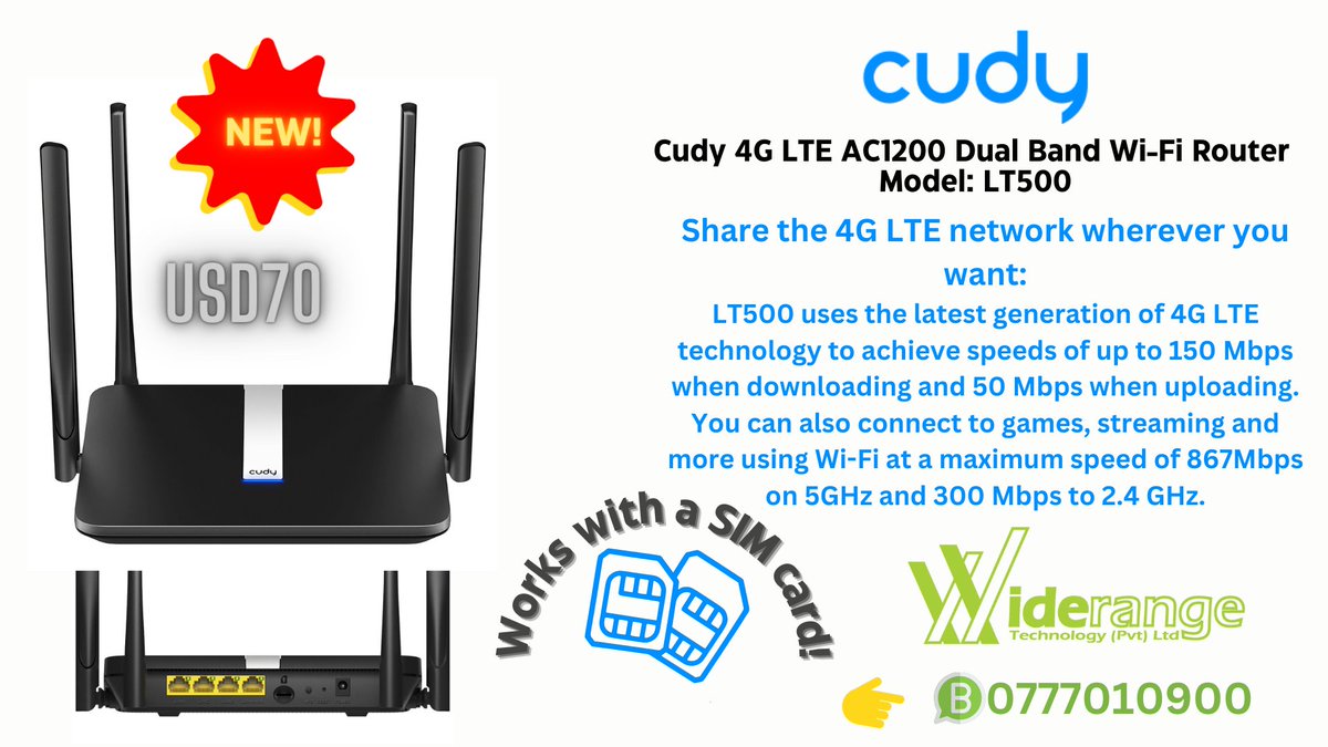 New Product! Cudy 4G LTE AC1200 Dual Band Wi-Fi Router - Model: LT500. Call/Visit us at Shop 5 Fidelity Building, corner Fife Street / 11th Avenue, Bulawayo. Email: sales@widerangetechnology.com. Call/Whatsapp: 0777010900 / 0713 768 314. #lte , #router