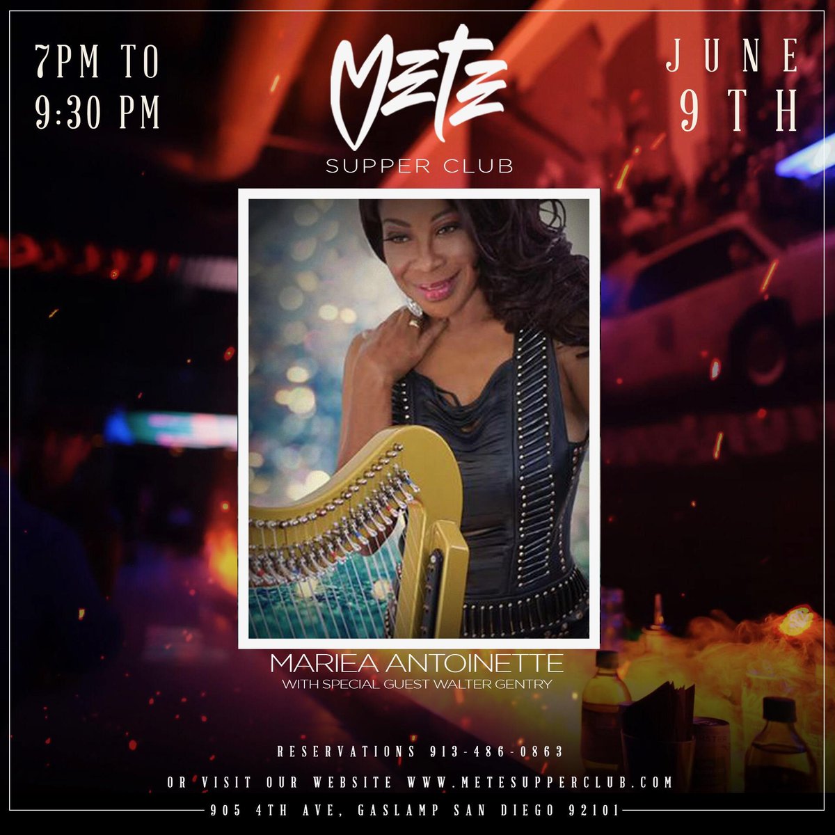 This Friday San Diego newest smooth jazz supper club. Mete Come join me for some amazing music on the harp and saxophone. Downtown Gaslamp district. Marieaantoinette.com