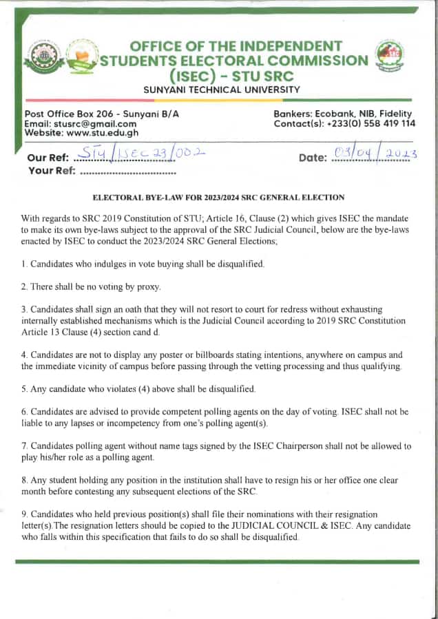 stuonline_'s tweet photo. πISEC BYE-LAWS FOR 2023-2024 SRC GENERAL ELECTIONS π #sunyanitechnicaluniversity #sunyani #stu #stuonline #stuSRC #stuisec #STUISEC20232024 https://t.co/YOQ1mCSyta