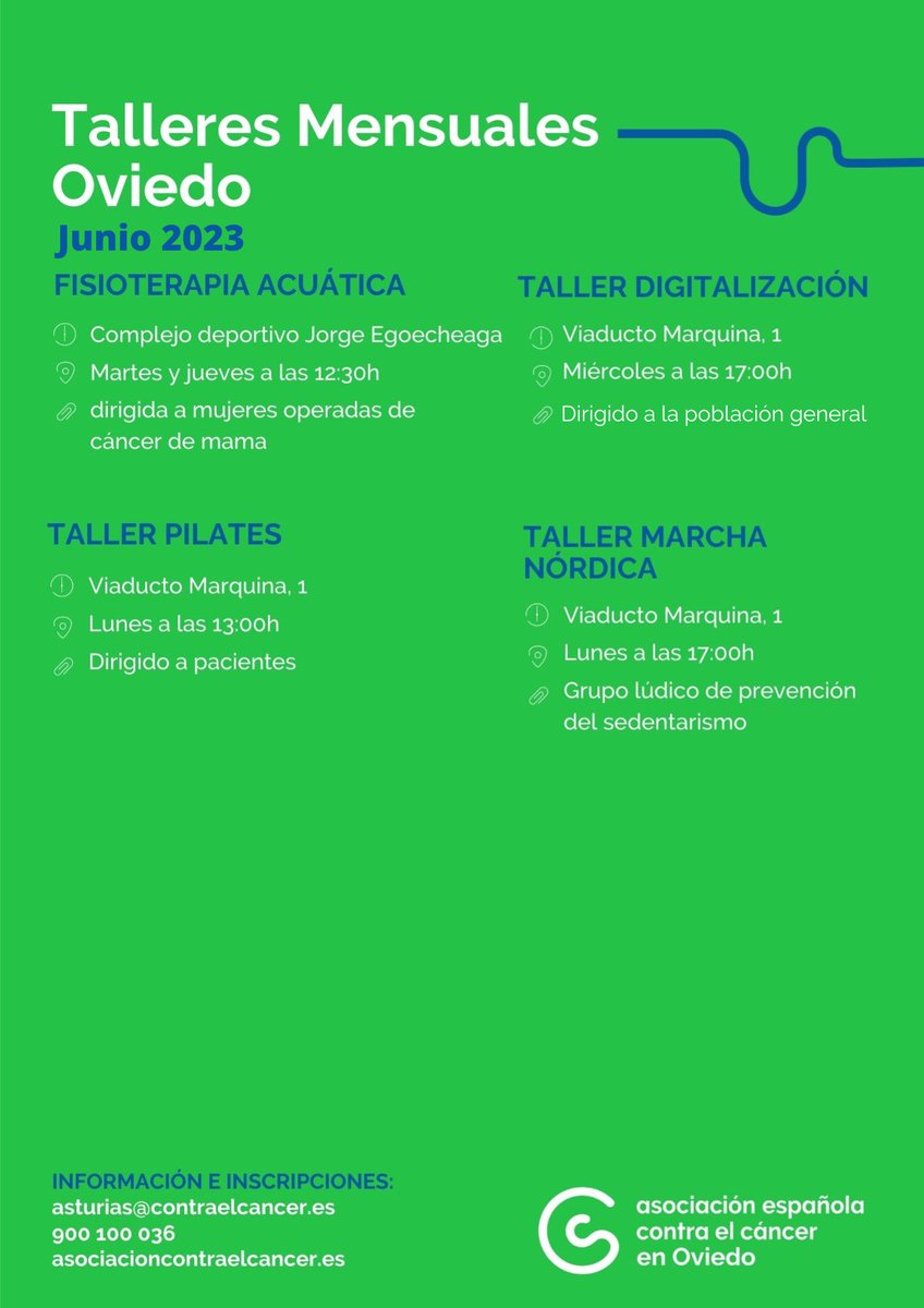 #Talleres GRATUITOS del mes de junio en #Oviedo, #Gijón y #Avilés. 💚
Información:👇
900 100 036
asturias@contraelcancer.es

#TalleresGratuitos #ContraElCáncerAsturias #TodosContraElCáncer