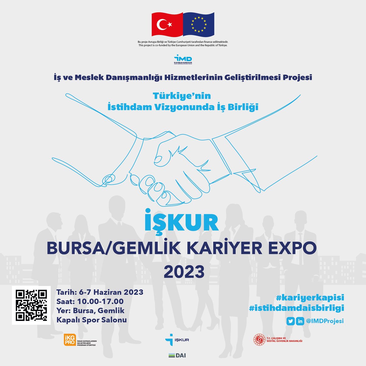 Avrupa Birliği ve Türkiye Cumhuriyeti tarafından finanse edilen 'İş ve Meslek Danışmanlığı Hizmetlerinin Geliştirilmesi Teknik Destek Projesi' kapsamında İŞKUR Kariyer EXPO organizasyonları düzenleniyor. İlki 6-7 Haziran tarihlerinde Bursa'da! #kariyerkapisi #istihdamdaisbirligi