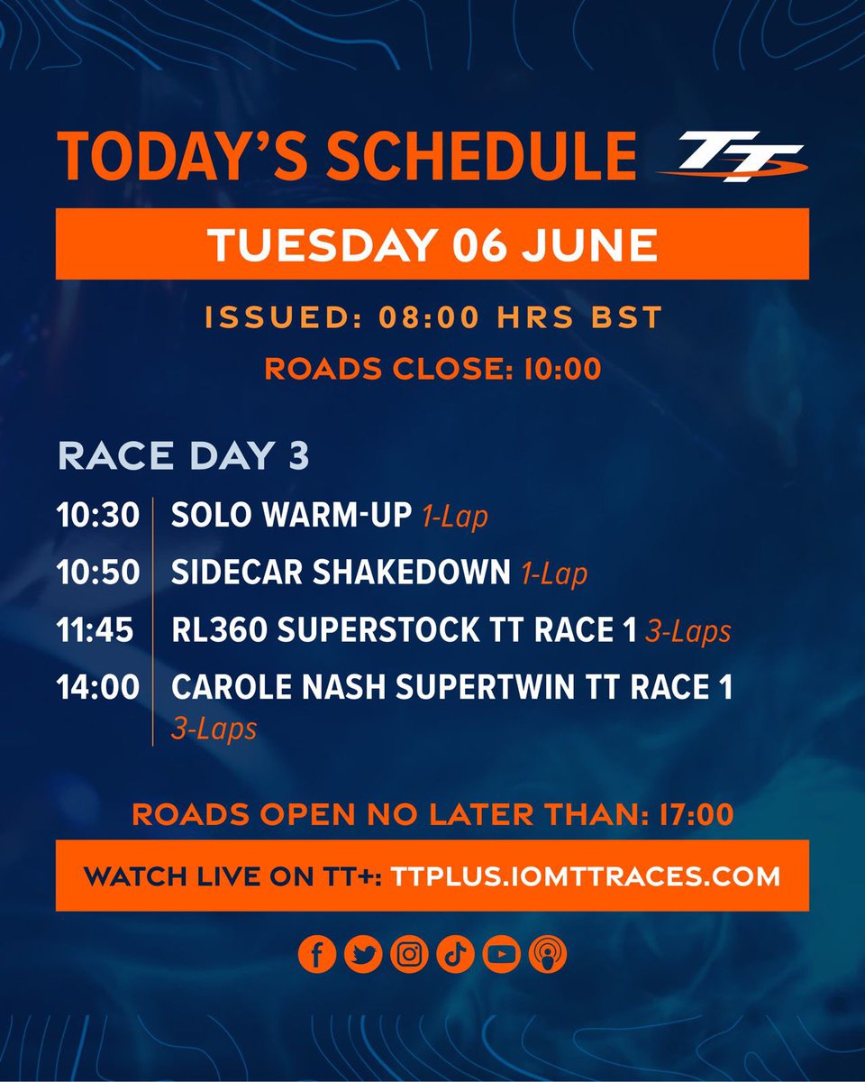 ITS RACE DAY. 

Today we have the <a href="/RL360_group/">RL360</a> Superstock TT Race 1 and the <a href="/carolenashbikes/">Carole Nash insidebikes</a> Supertwin TT Race 1. 

Have you got your race morning ritual underway? 

#TT2023