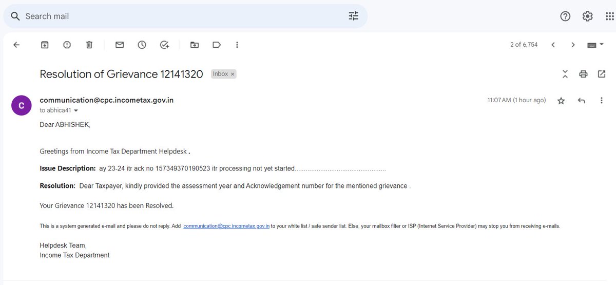 ABagrawal11's tweet photo. Is this the Artificial Intelligence we are working on?
Already mentioned Assessment year &amp; Acknowledgement no. in grievance &amp; still i got resolution to mention the same. What is this ? My refund is pending for the same.
@IncometaxNagpur   @IncomeTaxIndia   @cbic_india  @PMOIndia https://t.co/FMAqqpPsH0