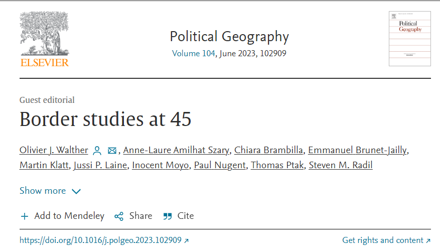 #Newarticle #Borderstudies

📑 "Border studies at 45"

📖 Political Geography (Vol. 104)

🗓️ June 2023

🔎sciencedirect.com/science/articl…