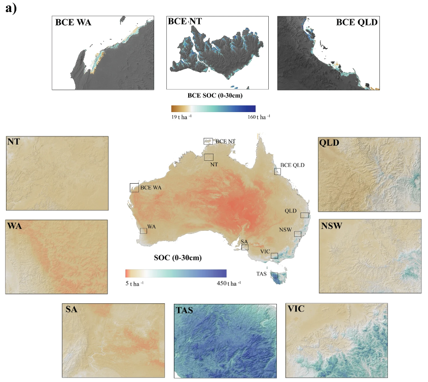 Multi-scale spatial machine learning of soil carbon stocks in Australia’s terrestrial and coastal marine ecosystems reveals eight bio-regions.
<a href="/lewis__walden/">Lewis Walden</a> <a href="/raphvr/">R.A. Viscarra Rossel</a> <a href="/oserranogras/">Oscar Serrano</a> <a href="/ZefangShen/">Zefang Shen</a> <a href="/willamzhope/">Williamzhope</a> 

nature.com/articles/s4324…