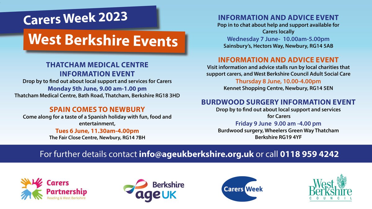 Age UK Berkshire (@ageukberks) on Twitter photo It's #CarersWeek day 2! Join us for...
💆♂Hair styling & complimentary body massages at Reading College
❗ <a href="/CitAWokingham/">Citizens Advice Wokingham</a> will be outside Tesco in Wokingham
🔹Info & advice event at 11am in the Coronation Hall, Woodley
🇪🇸 Spain comes to The Fair Close Centre, Newbury at 11:30 It's #CarersWeek day 2! Join us for...
💆♂Hair styling & complimentary body massages at Reading College
❗ <a href="/CitAWokingham/">Citizens Advice Wokingham</a> will be outside Tesco in Wokingham
🔹Info & advice event at 11am in the Coronation Hall, Woodley
🇪🇸 Spain comes to The Fair Close Centre, Newbury at 11:30