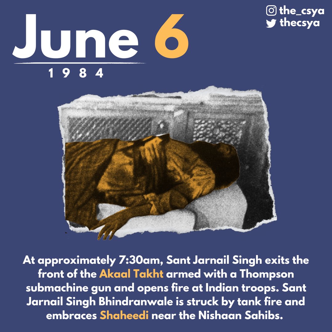 TheCsya's tweet photo. June 6th, 1984:

At approximately 7:30am, Sant Jarnail Singh exits the front of the Akaal Takht armed with a Thompson submachine gun and opens fire at Indian troops. Sant Jarnail Singh Bhindranwale is struck by tank fire and embraces Shaheedi near the Nishaan Sahibs. https://t.co/MW7pWWBXiF