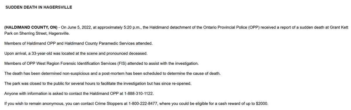 .@OPP_WR investigating a sudden death at Grant Kett Park in #Hagersville.

Media Release --->