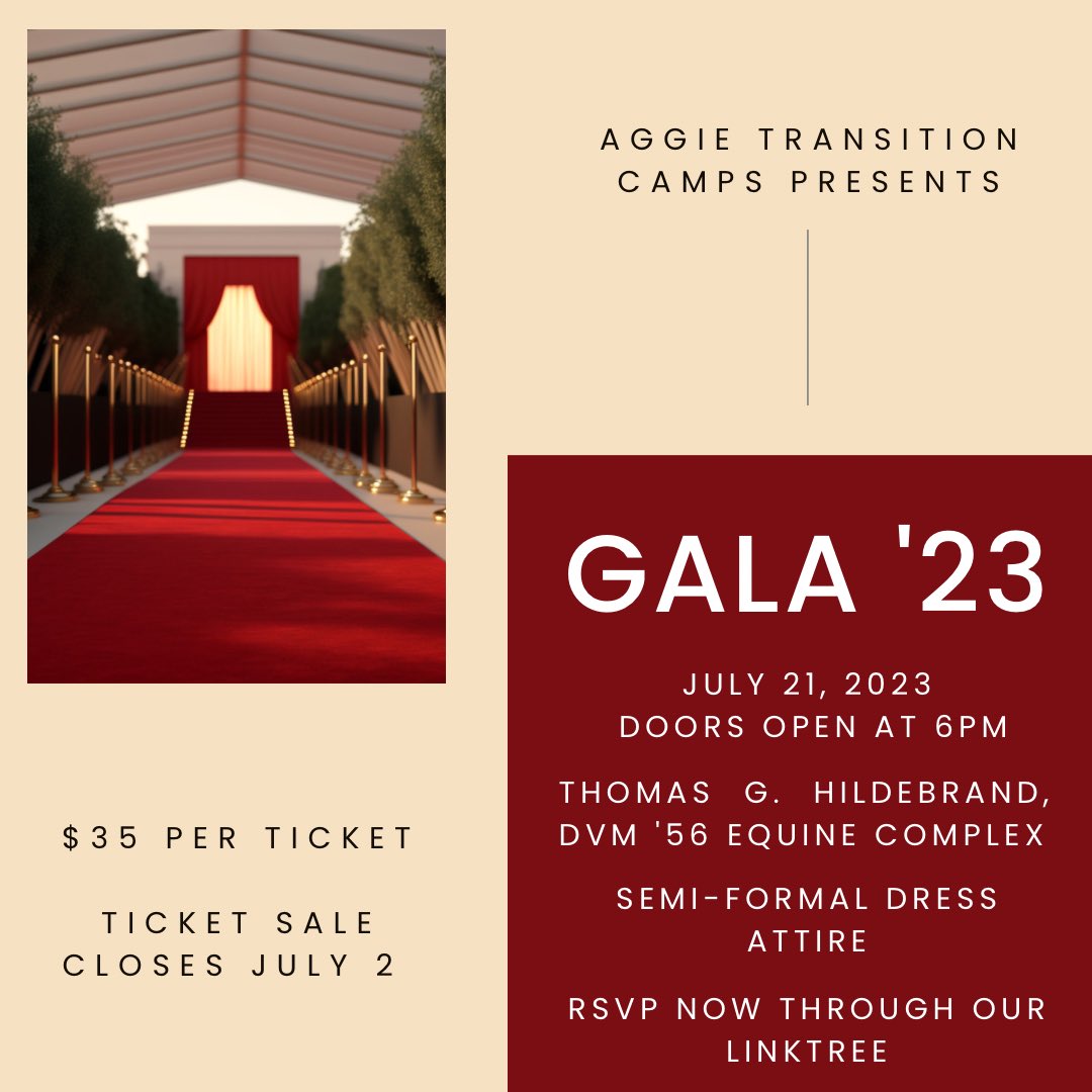TAMU_ATC's tweet photo. Gala is here! Tickets will cost $35, &amp; can be purchased through the link in our Linktree, with ticket sales closing July 2nd. We ask that if you are purchasing more than 1 ticket, you add a new ticket for each receipt with the corresponding name and meal. https://t.co/WU4MgXZYI6