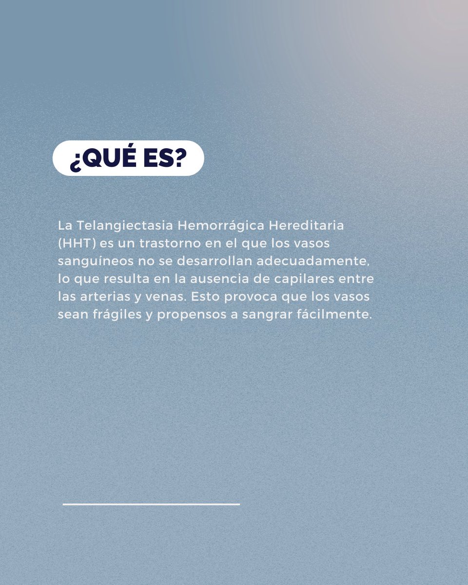 FDPiquinela's tweet photo. 🤔 ¿Sabías que es la Telangiectasia Hemorrágica Hereditaria?

🩸La HHT es un trastorno en el que los vasos sanguíneos no se desarrollan adecuadamente, lo cual resulta en la ausencia de capilares entre las arterias y venas.

➡️ ¡Desliza para conocer más!

@HHTUruguay https://t.co/zIkVDcM8qf