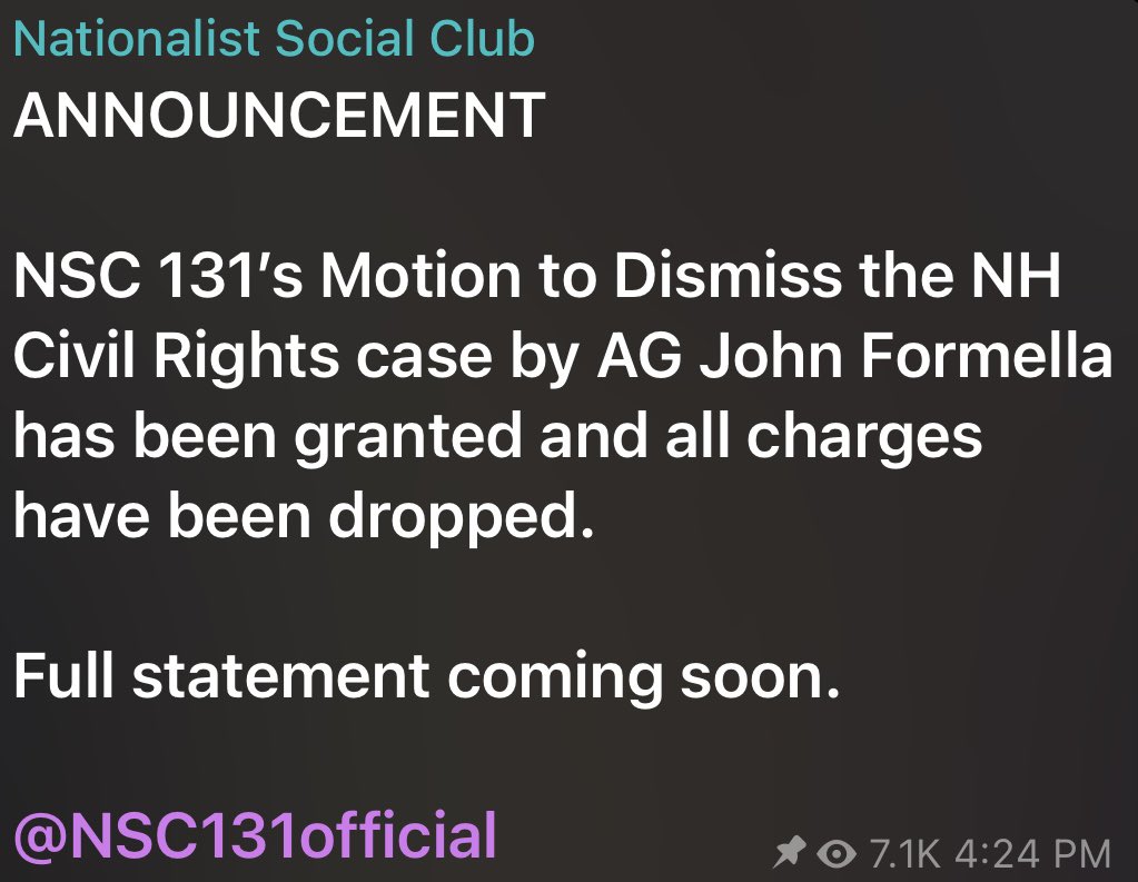 💥ALL CHARGES AGAINST NSC 131 HAVE BEEN DROPPED! Yesss!

t.me/NSC131official…