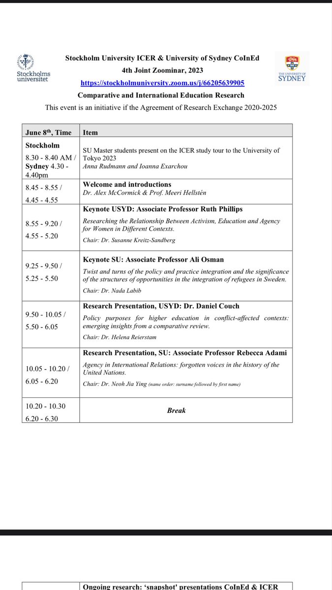 SydneyCoInEd's tweet photo. 4th #SUandUSYDZoominar2023 on Thursday June 8! All are welcome! See program and Zoom link in the attached photos 
@Stockholm_Uni @SydneyCoInEd @USyd_SSESW @ArtSS_Sydney #HigherEdResearchExchange @cies_us https://t.co/zgCW5GEAGe