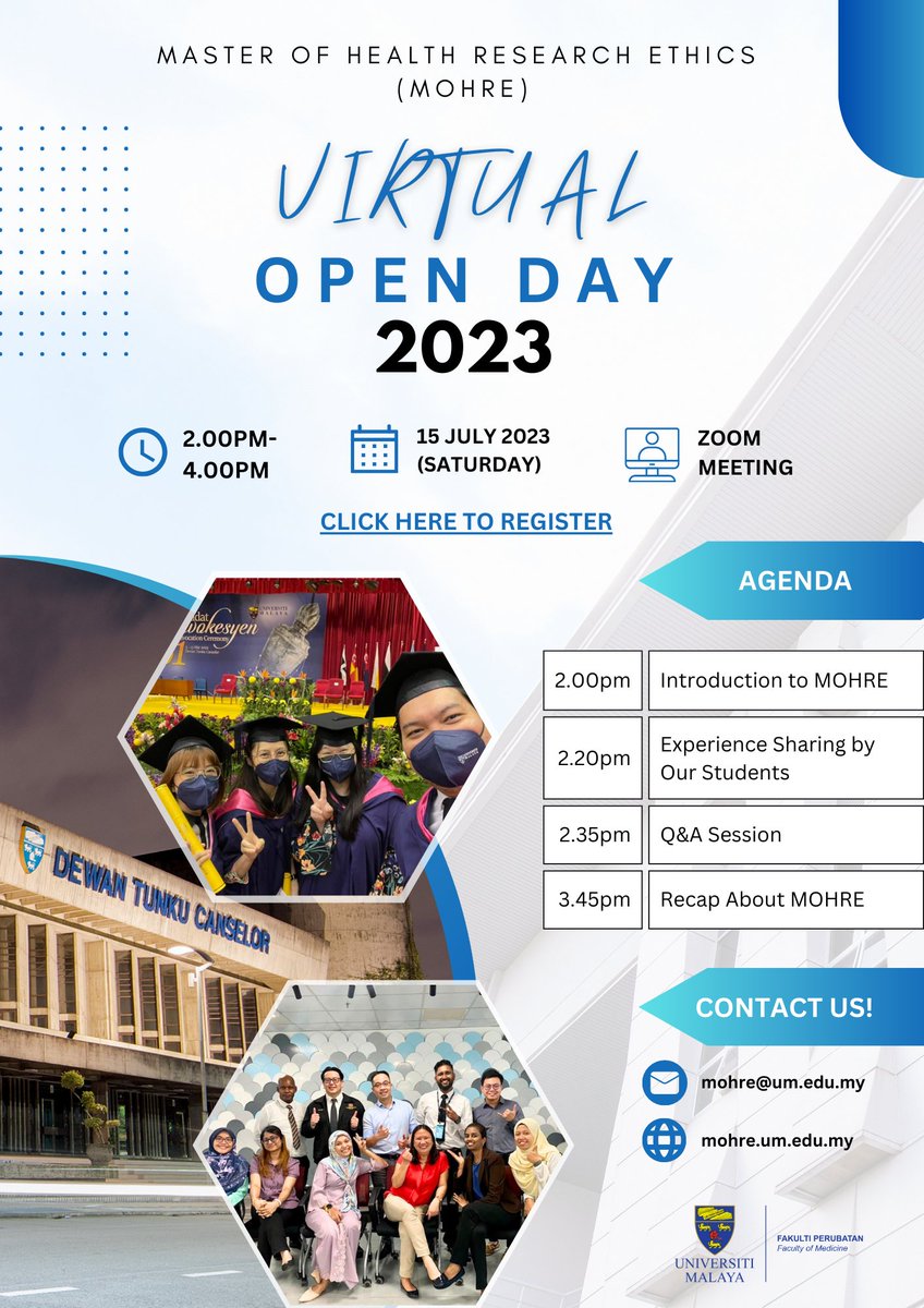 Hi!

Do join us in our Master of Health Research Ethics (MOHRE) Virtual Open Day 2023 to find out more about the Programme, Scholarship and application process. 

Kindly here to register: forms.gle/y1UBbLexoaSsbe…

Thank you!