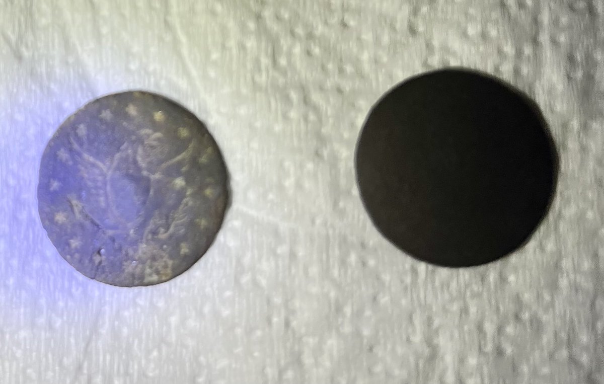 Found the Button on the right last year while treasure hunting in my yard with my Grandson.

The one on the left was found today just walking down to the lake.   Life is cool.
