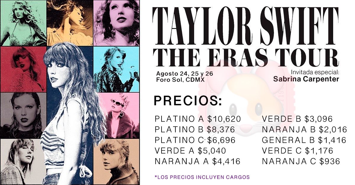 ticketelhamster's tweet photo. 🚨PRECIOS TAYLOR SWIFT🚨

🎫 Platino A $10,620
🎫 Platino B $8,376
🎫 Platino C $6,696
🎫 Verde A $5,040
🎫 Naranja A $4,416
🎫 Verde B $3,096
🎫 Naranja B $2,016
🎫 General B $1,416
🎫 Verde C $1,176
🎫 Naranja C $936

☝🏼Estos precios YA INCLUYEN CARGOS.

⚠️Seguimos en espera de los precios y más detalles de los paquetes VIP.

#taylorswift #tickethamster 🐹 #theerastour