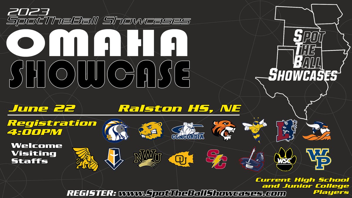 Just 10 Days until the best options for Camp Season! Get coached AND recruited!
💳$50 Online
 💵$60 Walk-Up
spottheballshowcases.com
6/15 bit.ly/STBWichita2023
6/16 bit.ly/STBTulsa2023
6/21 bit.ly/STBColorado2023
6/22 bit.ly/STBOmaha2023

#STBShowcases