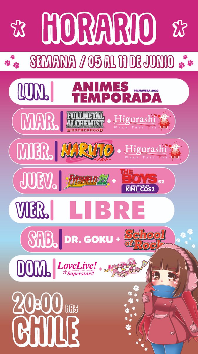 Kimicos1's tweet photo. Horario semana del 05 al 11de Junio

RT = Cofrecito https://t.co/A0GzOTNsot