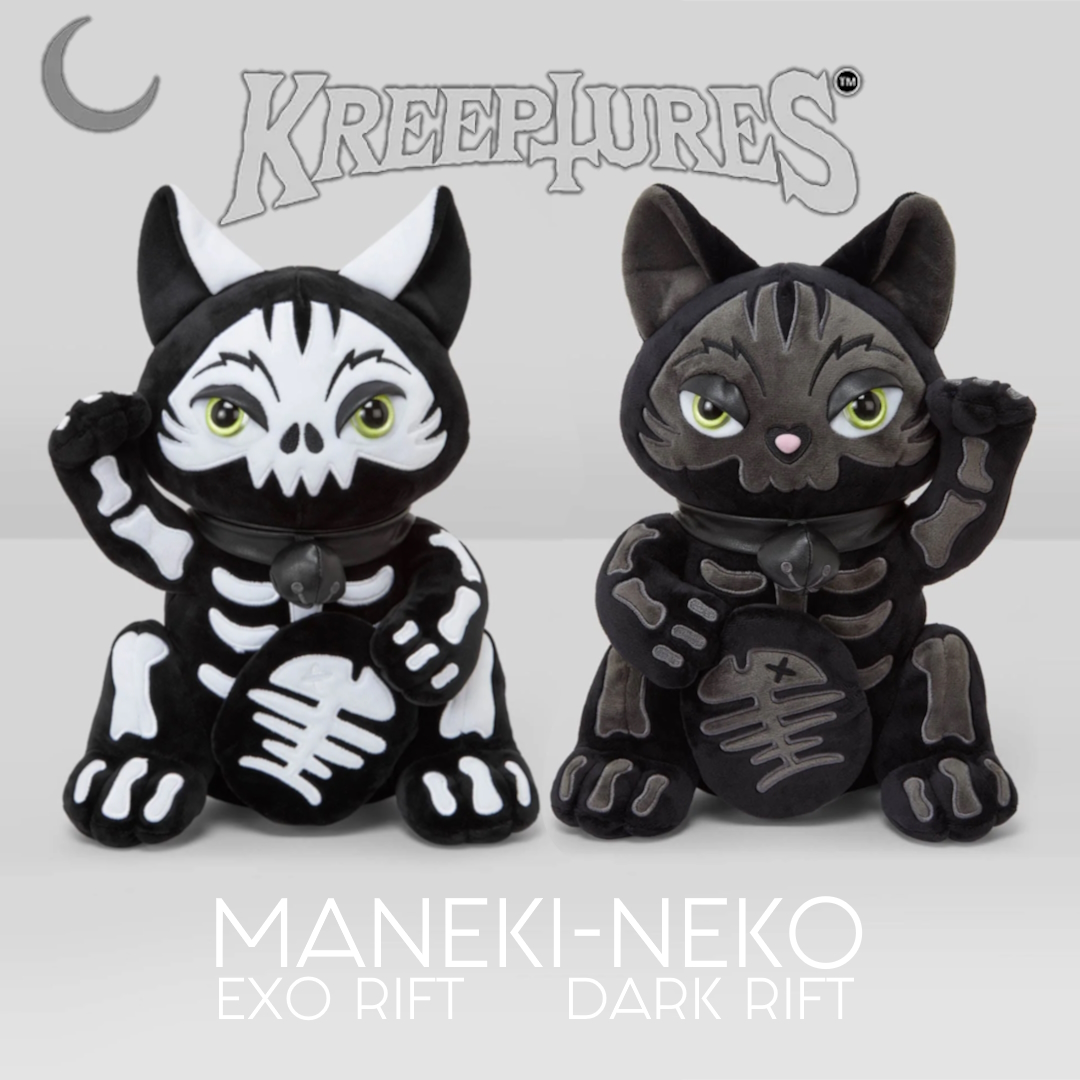 Make every day your lucky day with our #ManekiNeko #EXORift or #DARKRift #Kreeptures #plushtoy. With super cute sparkling green eyes, skeletal details and #fauxleather accents, luck has never been cuter! #LimitedEdition, get it while you can!