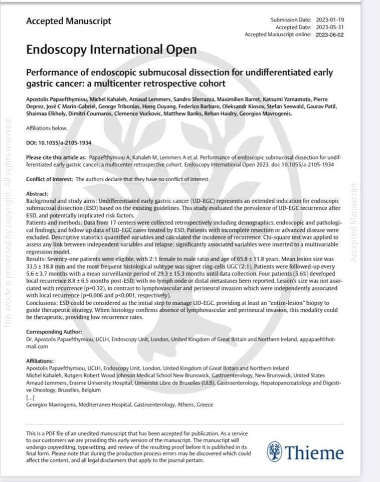 Delighted to share our international multicentre study on #ESD for undifferentiated Gastric #cancer and it’s long term outcomes. @KatsumiYamamot4 @amolbapaye @drsridhars @DharJahnvi @Jayanta_sam @mkahaleh