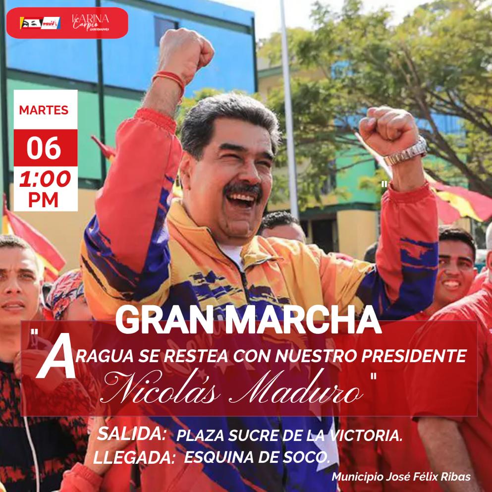 #5Junio
Este martes 6 de Junio 1:00 pm 
Gran Marcha "Aragua Con nuestro presidente <a href="/NicolasMaduro/">Nicolás Maduro</a>" 
Desde el Municipio Ribas la victoria estado aragua. 
¡Organizar, Unir y Sumar! 
#MundoPluripolar
<a href="/dcabellor/">Diosdado Cabello R</a>
<a href="/PartidoPSUV/">PSUV</a> <a href="/PsuvAragua_ofic/">PartidoPSUVAragua</a> <a href="/SecretariaPsuv/">Secretari Sectorial del PSUV Aragua</a> <a href="/Soykarinacarpio/">Karina Carpio</a>
