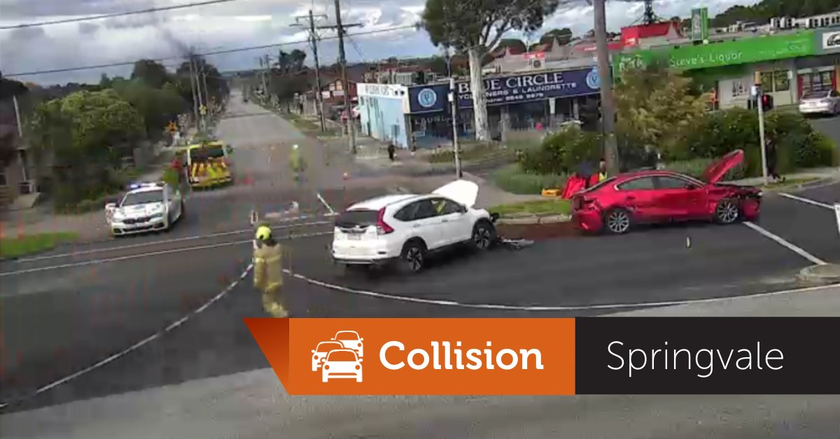 AUSTRALIA - Southbound left lane of Springvale Road is closed at Athol Road, Springvale, due to a two car collision. The right lane is open. VicRoads Incident Response Service and Fire Rescue Vic. are attending.  Please be mindful of people walking near the roadway. victraffic