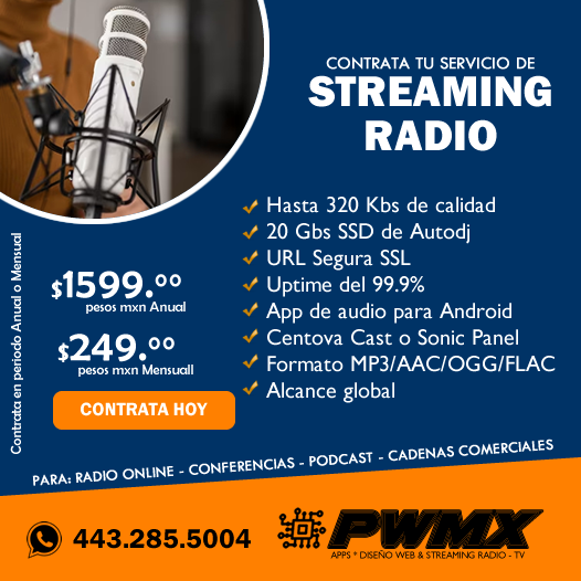 Emite tu señal de radio en Internet, con nuestro servicio de Streaming Radio.
Conoce nuestros diferentes planes de Streaming Radio en nuestro enlace: 

En vivo con Autodj incluido:
wp-m.com/autodj/

Señal en vivo:
wp-m.com/radioenvivo/