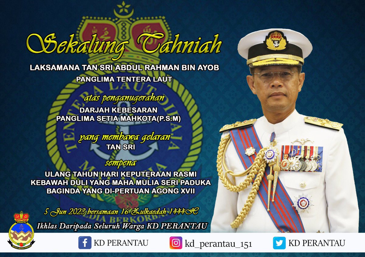 #WanderersCrew151 mengucapkan Tahniah kepada YBhg Laksamana Tan Sri Abdul Rahman bin Ayob di atas pengurniaan darjah Panglima Setia Mahkota yg membawa gelaran Tan Sri.
#Kebanggaan