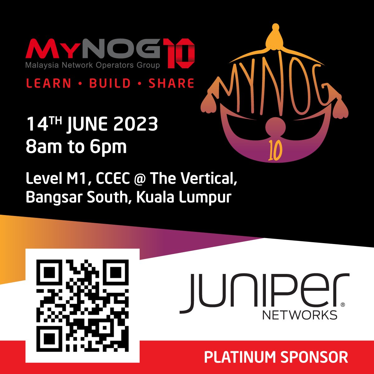 DT8's tweet image. We're thrilled to share that Juniper Networks is proud to be a sponsor at MyNOG-10 Conference 2023! Join our very own experts on 14 June and take dive into the fascinating world of AI in networking.  bit.ly/43Gj3Ui